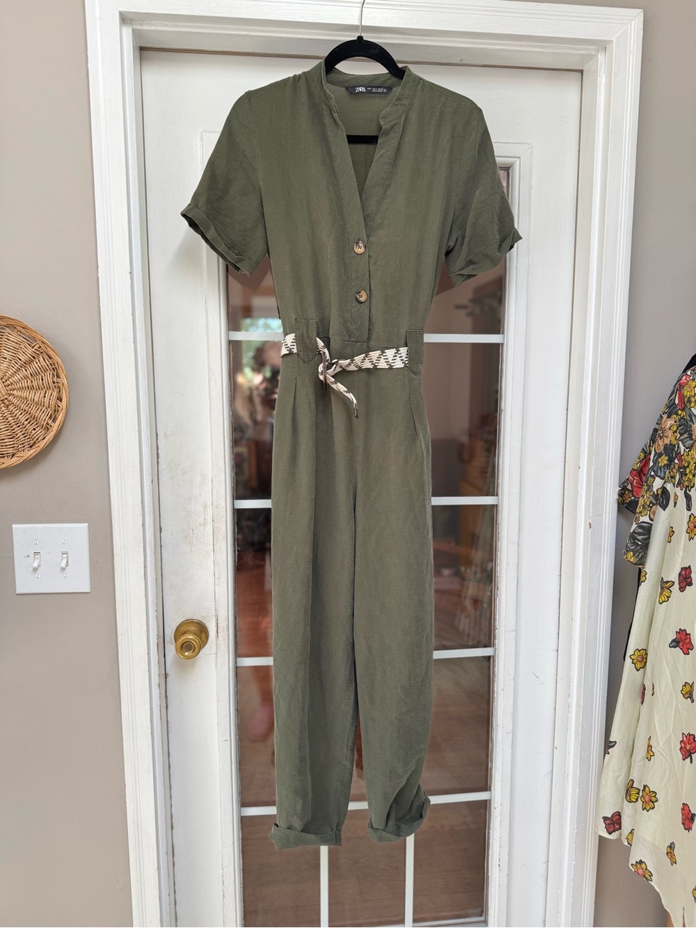 Zara Khaki Green Short Sleeve Long Belted Jumpsuit Utility Romper Size S